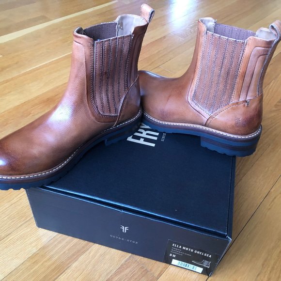 Frye Ella Moto Chelsea Cognac Boots Nib 